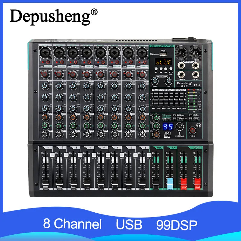 Professional Audio Mixer Depusheng PA8 8 Channel Sound Board Console DJ Mixing Desk System Interface Built-in 99 Reverb Effect