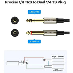 6.35mm TRS Audio Cable 6.35mm TRS Male To Dual 6.35mm TS Male Stereo Y Splitter Insert Cable Mono Breakout Cable Audio Cord