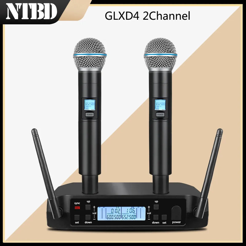 NTBD Stage Performance Karaoke 600-699MHz UHF Profressional Dual Wireless Microphone System 2 channels Automatic Scan