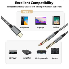 USB-C to Dual 6.35mm 1/4 inch TS Audio Cable, Gold Plated Type C to Dual 6.35mm 1/4 inch Male TS Mono Interconnect  Aux Adapter