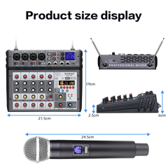 6 Channel Audio Mixer Mixing Console Built-in Microphone UHF Wireless Mics Bluetooth USB 16 DSP Effect For DJ Karaoke PC Record