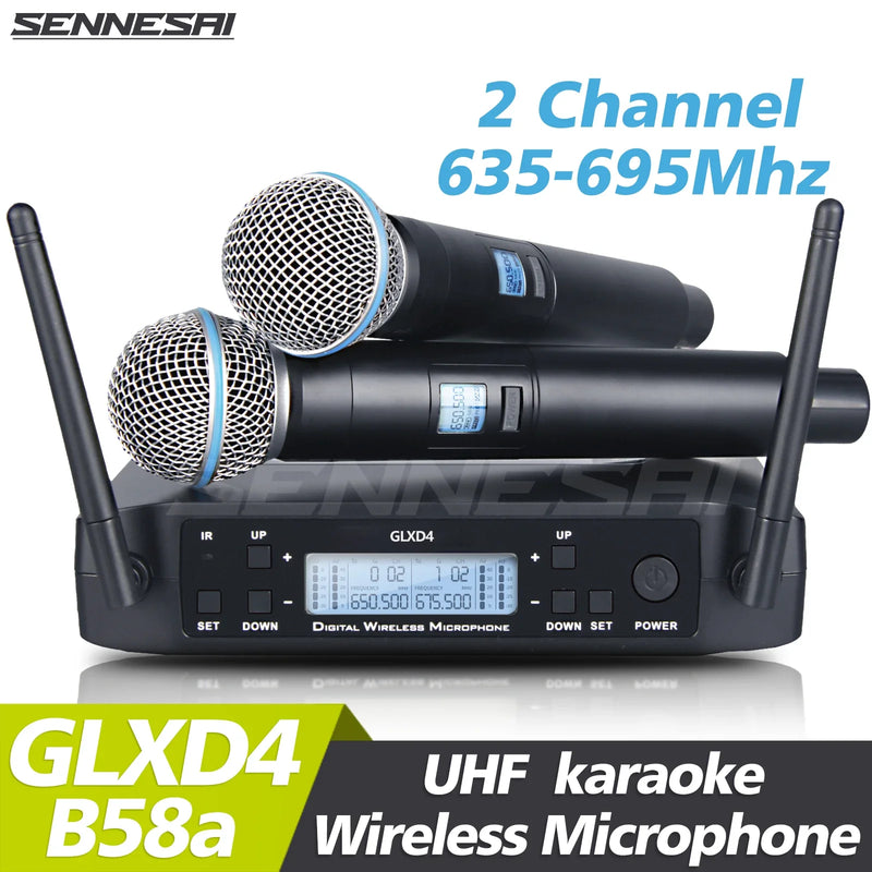 High Quality！ GLXD4 Professional Dual Wireless Microphone 600-699MHz System Stage Performances UHF Dynamic 2 Channel Handheld