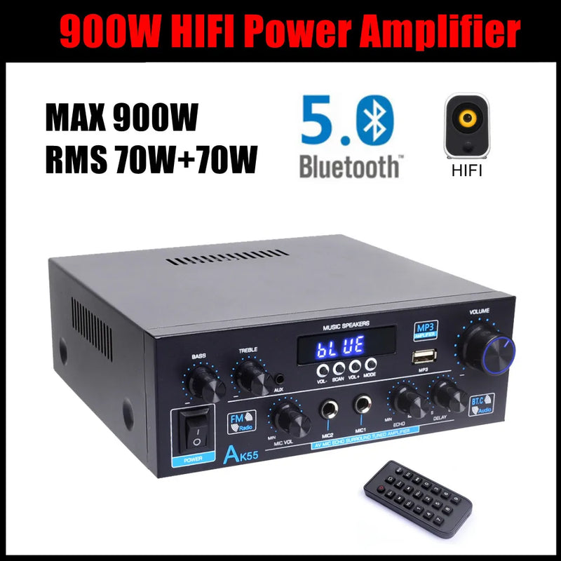 Woopker AK55 900W Home Power Amplifier 2.0 Channel Bluetooth 5.0 Hifi Digital Stereo Sound Amplifier 2.0 450W+450W Subwoofer