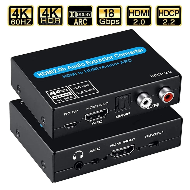 4K 60Hz HDMI 2.0 Audio Extractor 5.1Ch HDMI 2.0 HDMI to HDMI Audio ARC Switch, With Audio Link Stereo, Audio Switch 2x1 Adapter